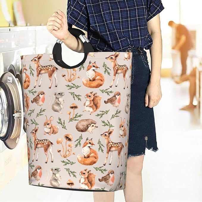 Forest Little Animals Laundry Hamper Deer Squirrel Fox Hedgehog Bird Storage Basket Toys Clothes Organizer Bin For Home Bathroom Bedroom Dorm Nursery, 52l