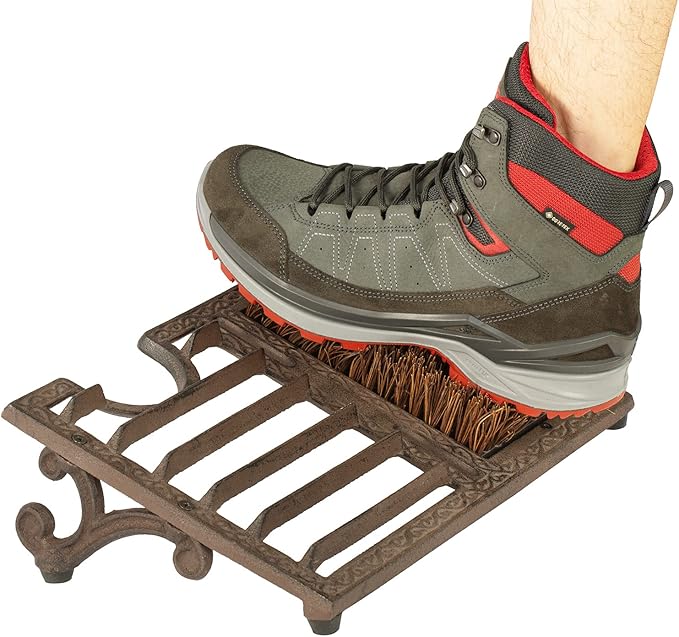 MyGift Boot Brush Scraper Outdoor, Heavy Duty Cast Iron Shoe Scraper Mat, Boot Dirt Cleaner Brush, Vintage Rustic Black Angled, Dark Brown