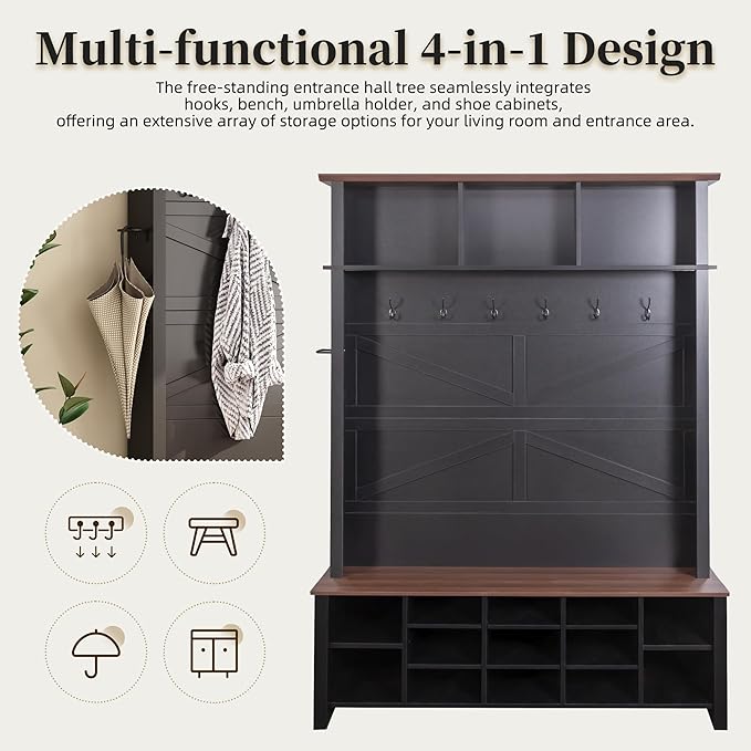 Versatile 4-in-1 Hall Tree with 6 Hooks, Practical Walnut Entryway Bench with Adjustable Shelves, Wood Coat Rack Shoe Cabinet with 16 Open Compartments for Entrance Hallway (Black-3.2)