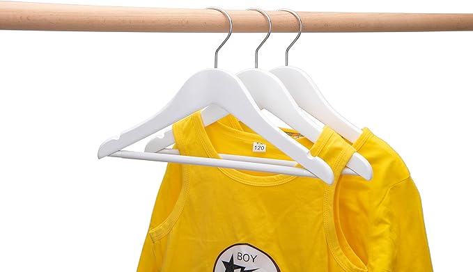 Quality 12” Kid's Wooden Hangers, 20 Pack Solid Wood with Pants Bar, Shoulder Notches, Anti Rust 360 Swivel Hook for Coats, Suits, Jackets and More - Toddler and Baby Cloth Hanger Set (White, 80)