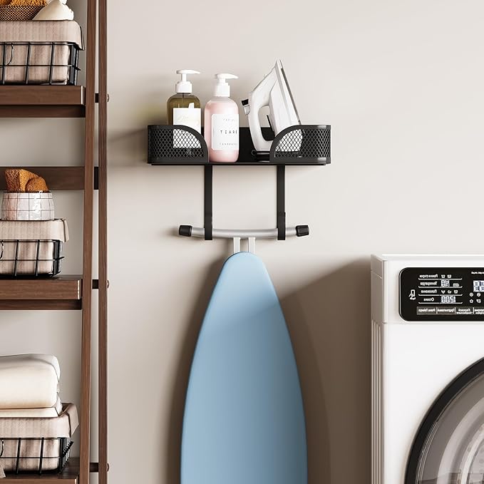 Ironing Board Holder Wall Mount, Metal Ironing Board Hanger, T/V Shaped Space Saving Iron and Iron Holder, Laundry Room Decor and Storage with Large Storage for Laundry/Living Room/Bathroom