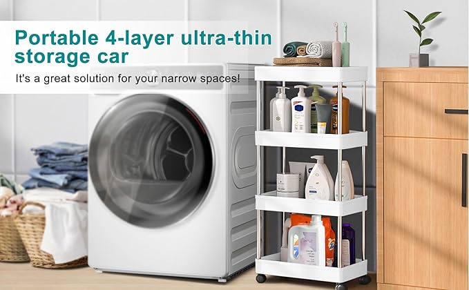 YSSOA Rolling Storage Cart, 4 Tier Slim Mobile Shelving Unit for Storage,360° Rotating Wheel Lockable Utility Cart,Great for Office, Kitchen, Bathroom, Laundry or Narrow Spaces, White