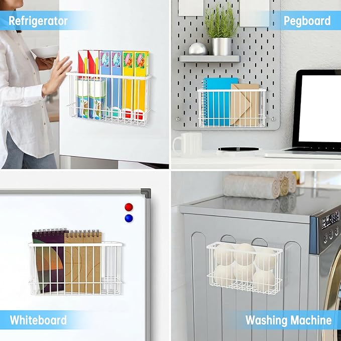 NiHome Magnetic Metal Basket Organizers, 2PCS Medium & Small, Versatile Storage for Kitchen & Office Holds Up to 14 lbs, Easy Attach to Refrigerator or Any Magnetic Surface(White)