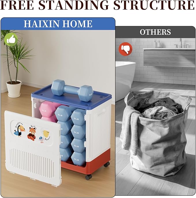 HAIXIN HOME 60L Cute Laundry Hamper, Slim Rolling Laundry Hamper with Lid, Dirty Clothes Hamper Cart with Handle for Bedroom, Bathroom, Closet, Dorm, Blue Lid, White Body and Red Base - Tricolor