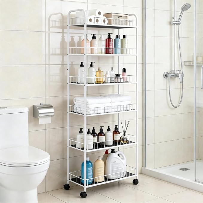 6 Tier Slim Rolling Storage Cart, Mobile Shelving Unit with Wheels, Metal Wire Storage Rack with Baskets for Kitchen Bathroom Office Laundry Narrow Piaces (10in White)