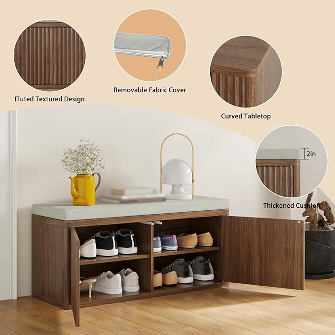 Double Layered Shoe Cabinet with Bench,Wooden Shoe Bench with Soft Cushion,Double Door without Handle Pressing Spring,Fluted Panel,Suitable for Entrance,Corridor and Living Room (Shoe Bench-Walnut)