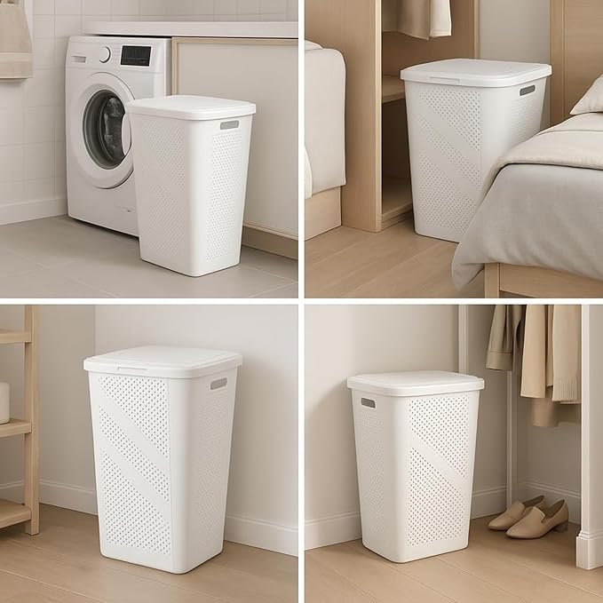 Slim Laundry Hamper with Lid, 60L Clothes Basket, Plastic laundry basket,for Home Storage Clothes Organizer, Laundry Room, College Dorm White