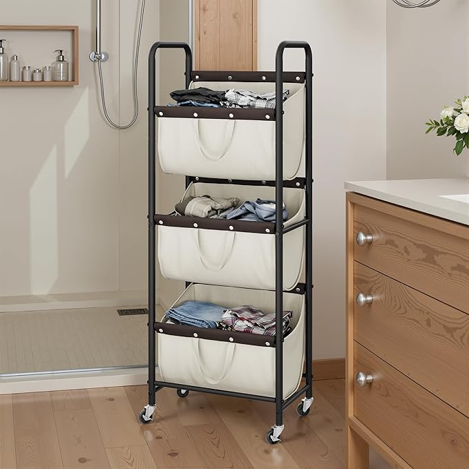 GRANNY SAYS 3 Tie Laundry Sorter, Laundry Basket with Wheels, Laundry Room Organization and Storage, 3 Section Rolling Laundry Cart for Dorm, Bathroom, Bedroom, Closet, Beige