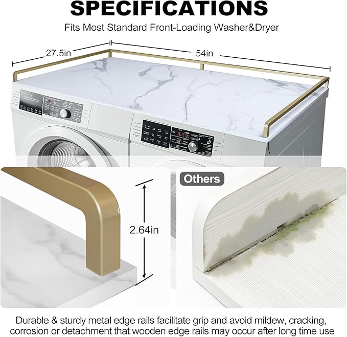Washer Dryer Countertop, 27.5" D x 54" W Wood Washer Dryer Shelf Topper with 2.6" H Metal Edge and Anti-Skid Pads, for Laundry Room Storage and Organization, Folding Clothes(White)