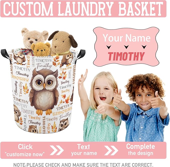 Owl Laundry Basket,Personalized Laundry Hamper for Boys Girls,Custom Laundry Basket With Name, Customized Dirty Clothes Hamper for Bathroom Bedrooms,M-19.5"X 15.7"