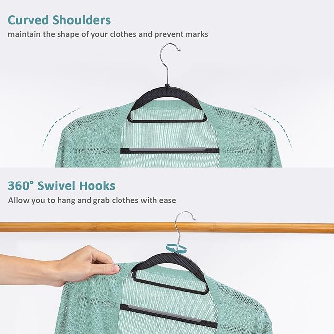 30-Pack Plastic Clothes Hangers, Space Saver, Non Slip, 360° Swivel Hook, 0.2 Inches Slim, Sturdy Heavy Duty Coat Hangers, Durable Hangers for Suits, Black and Dark Gray