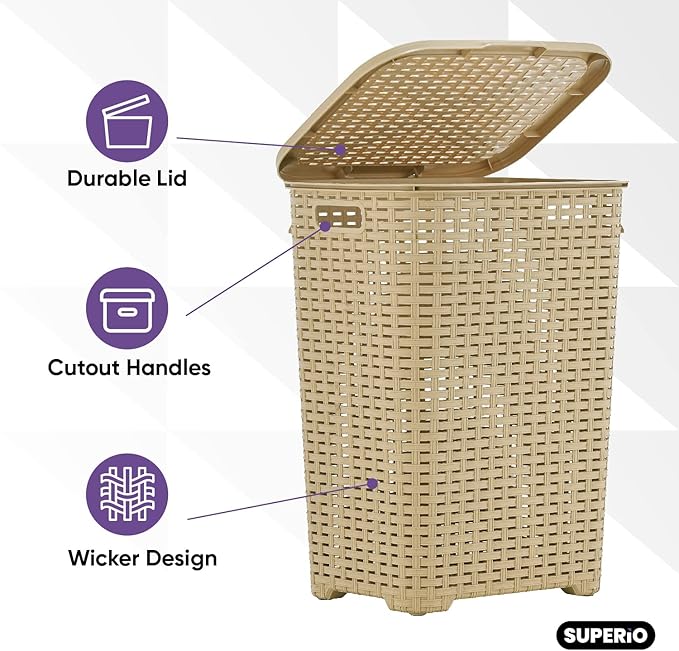 Superio Laundry Hamper Basket With Easy Open Lid 60 Liter Beige, Large Wicker Hamper, Dirty Cloths Storage With Two Cutout Handles, Laundry Room Bin
