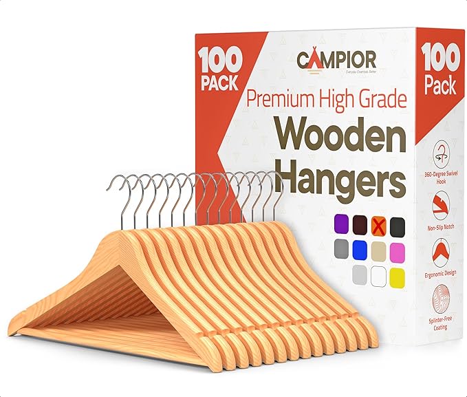 Natural Wooden Hangers 100 Pack – Heavy-Duty with 360° Swivel Hook, Non-Slip, Pants Bar & Shoulder Grooves - Wooden Hangers for Suits, Jackets, Dresses & Camisoles, Space-Saving and Smooth Finish