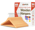 Natural Wooden Hangers 100 Pack – Heavy-Duty with 360° Swivel Hook, Non-Slip, Pants Bar & Shoulder Grooves - Wooden Hangers for Suits, Jackets, Dresses & Camisoles, Space-Saving and Smooth Finish