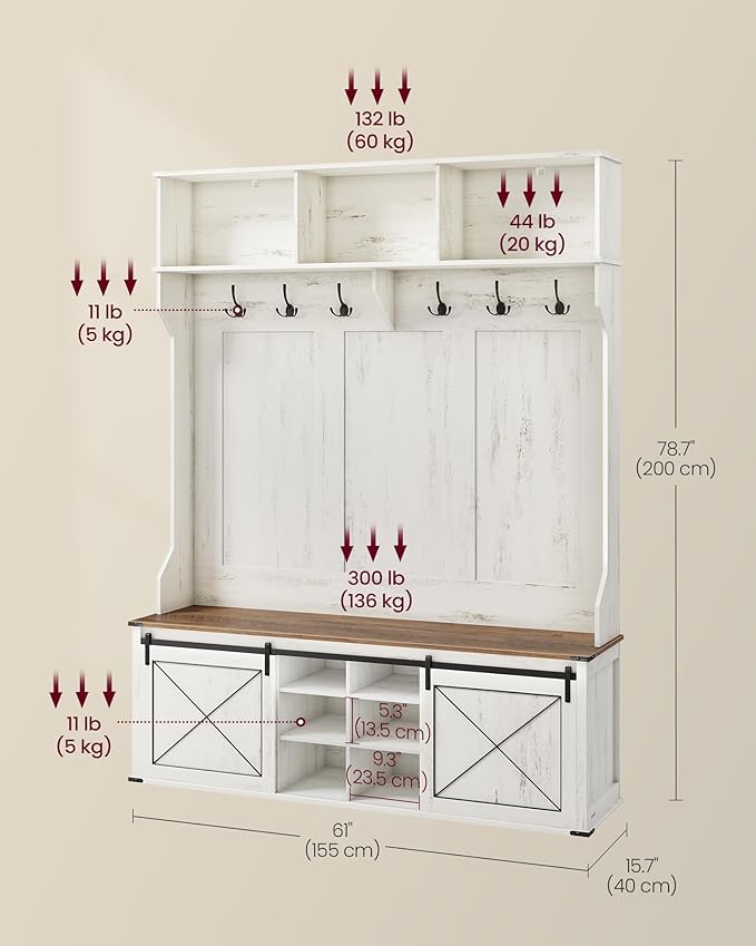 VASAGLE Hall Tree with Bench and Shoe Storage, Coat Rack with Shoe Bench, Entryway Furniture, 6 Tri-Hooks, Sliding Door, Farmhouse Style, Space Saving, Rustic White and Honey Brown UHSR443W01