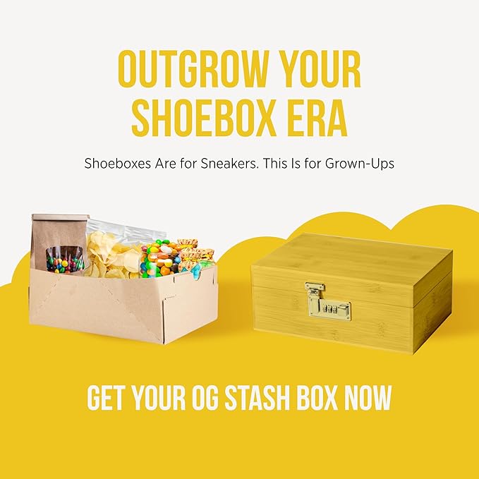 HASHSTASH The OG Storage Box - Large Bamboo Box with Combination Lock, Magnetic Lid, Organizer Tray, Airtight Tube and 3 Jars - Discreet Decorative Locking Wooden Box with Accessories (Yellow/Gold)
