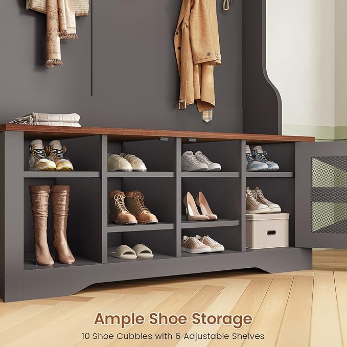 Itaar Hall Tree with Bench and Shoe Storage, 5-in-1 Entryway Bench with Coat Rack, 10 Shoe Cubbies & 9 Coat Hooks, Barn Door & Adjustable Shelf (Black)