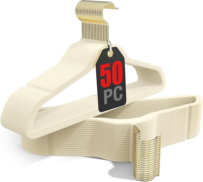 Korpai 50 Pack Beige Velvet Hangers,Coat Hanger Non Slip,Heavy-Duty,Space Saving,Slim Clothes Hangers for Pants,Outfit,Skirts,Suits,Coats,Dresses ect.Felt Hangers with Gold 360°Swivel Hook