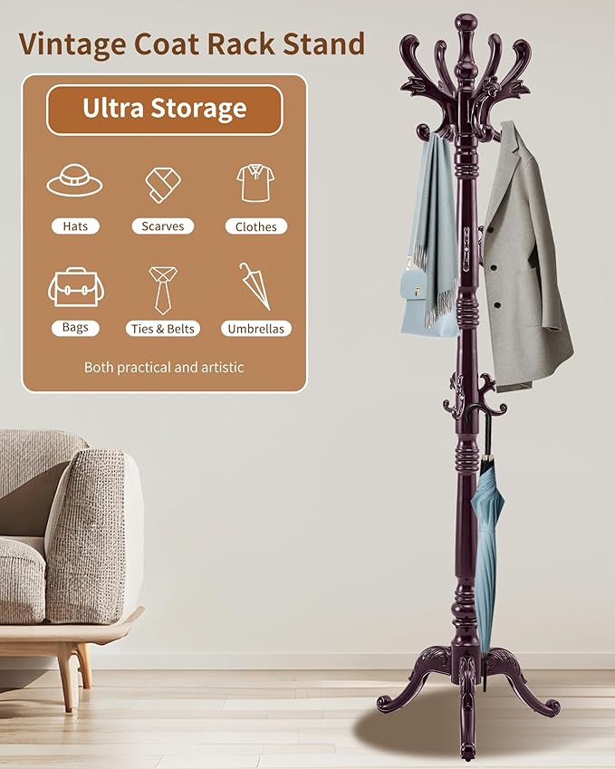 Wooden Coat Rack Stand, Solid Wood Freestanding Coat Rack, Vintage Coat Racks with 14 Hooks & Triangle Base, Heavy Duty Standing Coat Hanger Jacket Tree Stand for Office, Entryway, Hallway