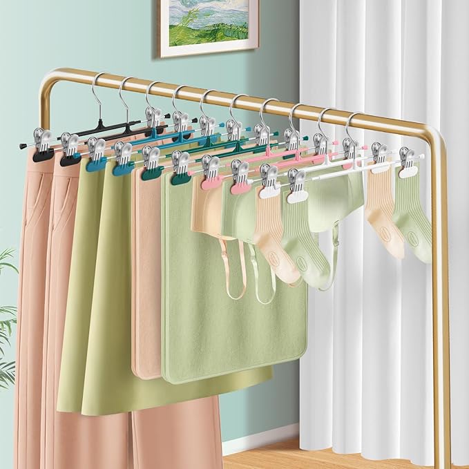 Clothes Pants Hangers with Wide Clips 10 Pack,Non-Slip Adjustable Skirt Hanger for Women,Space-Saving Heavy Duty Men Hangers for Pants,Trousers,Jeans,Shorts 12Inch Green