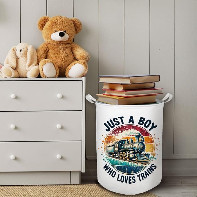 Just a Boy Who Loves Trains Laundry Basket, Toybox for Boys, Gifts for Train Lovers Enthusiasts Laundry Hamper Waterproof Collapsible Storage Bin Organizer for Bedroom Bathroom Dorm Clothes Toys