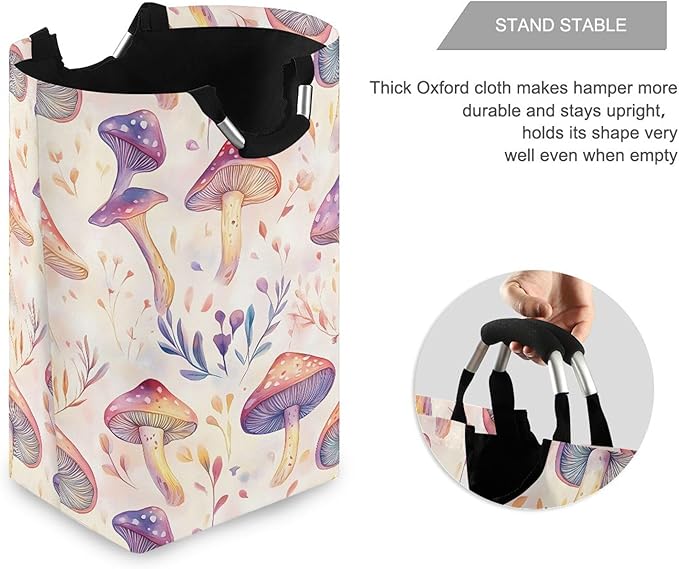 xigua Watercolor Cute Mushrooms Large Laundry Hamper with Handle, Foldable Clothes Hamper Collapsible Storage Basket for Toys and Clothes Organization in Bedroom, Bathroom, and Laundry Room