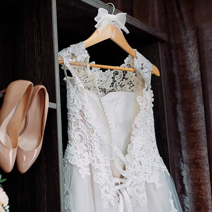 Bride Wedding Dress Pearl Mrs. Hanger with Pearl Ribbon Bow Elegant Wooden Dress Hanger to Be Ideal Keepsake for Wedding Day Gift(Brown,Bride)