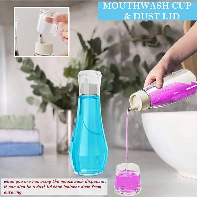 1 Pack Glass Mouthwash Dispenser for Bathroom, 8.8oz Mouth Wash Container Bottle with Lid Cup, Clear Refillable Bathroom Containers for Countertop/4 Pcs Label