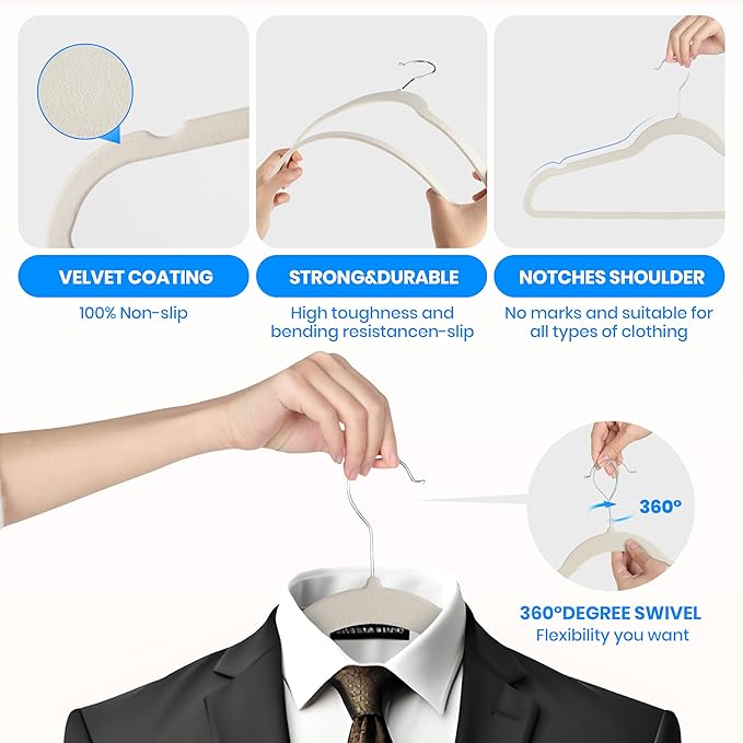 Simple Deluxe Velvet Hangers 70 Pack, Non-Slip Clothes Hangers with Shoulder Notches, 360° Swivel Hooks, Heavy Duty Coat Suit Hangers for Closet Space Saving, White