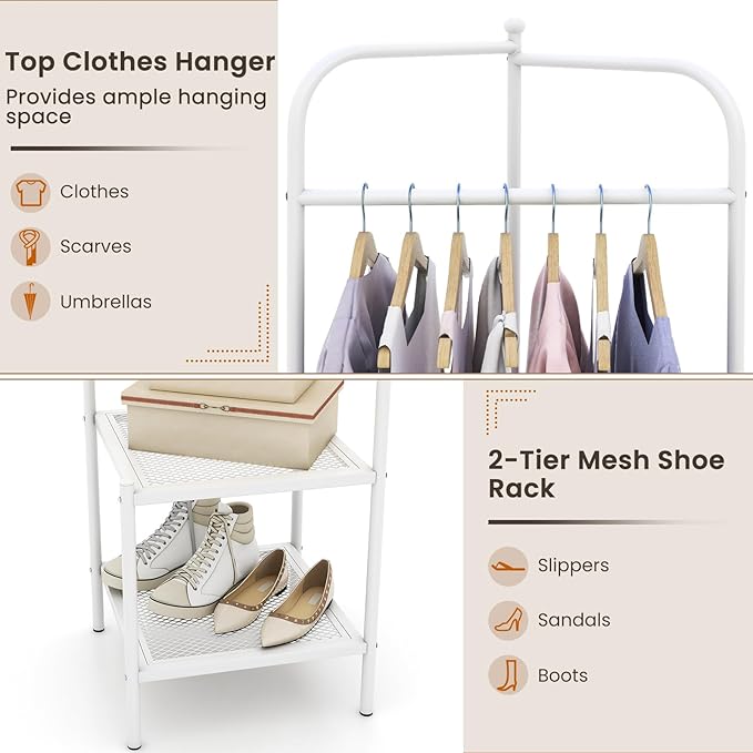 Tangkula Corner Coat Rack with Storage, Simple Hall Tree with Hanging Rod & 2 Mesh Shelves, Anti-toppling Devices, Freestanding Metal Clothes Rack Shoes Shelf Organizer for Entryway Bedroom (White)