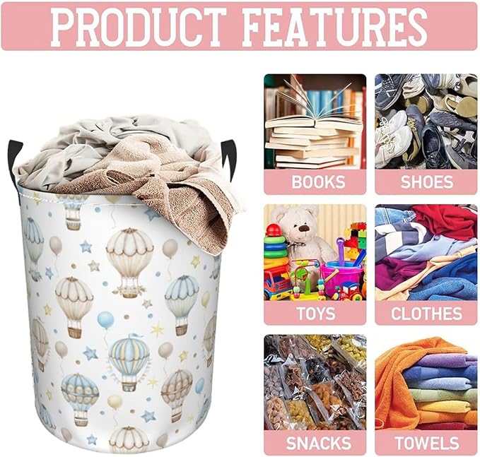 Watercolor Hot Air Balloon Round Laundry Hamper Storage Basket Toys Clothes Organizer Bin For Home Bathroom Bedroom Dorm Nursery, 62l