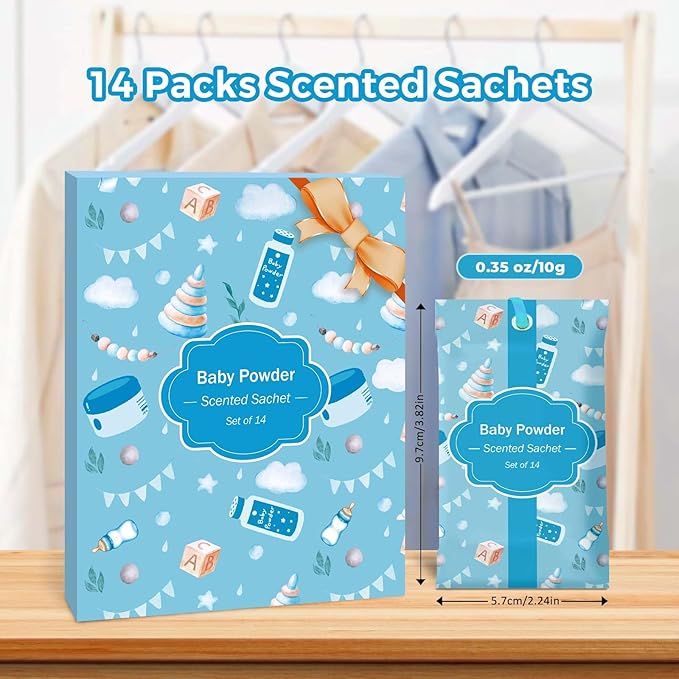 SCENTORINI Scented Sachets for Drawers and Closets, Baby Powder Scent 14 Pack, Long-Lasting Sachets Bags Wardrobe Freshener for Drawers, Closets, Handbags, Suitcases