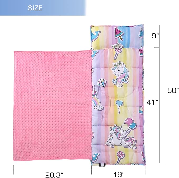 Toddler Nap Mat with Removable Pillow and Minky Blanket,Soft Rolled Napping Mats for Boys and Girls,Lightweight Daycare,Preschool,Travel Toddler Sleeping Slumber Bags-50×20”(Unicorn)