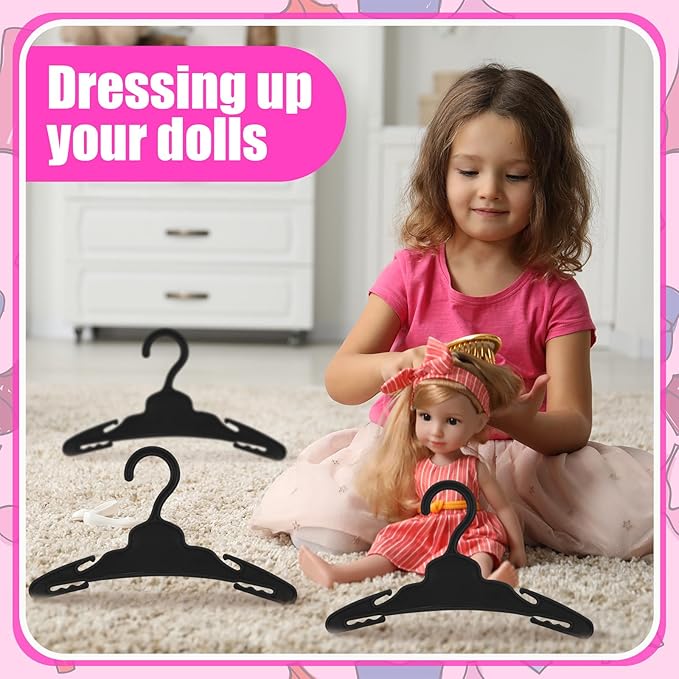 Soulchen 100 Pcs Doll Clothes Hangers for 18 Inch Dolls, Plastic Clothes Hangers with Non-Slip Clips, Space-Saving Wardrobe Accessories for Gown Dress Outfit (Black)