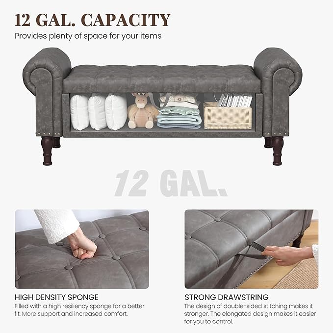 YOUDENOVA Storage Ottoman Bench, 51" Large Ottoman Foot Rest with Rolled Arms, Upholstered Storage Chest with Vintage Rivets for Living Room, Bedroom, Entryway, Gray