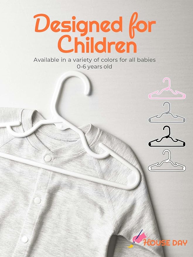 HOUSE DAY Premium Baby Hangers 120 Pack, 11 Inch Kids Plastic Hangers White, Slim Childrens Hanger for Infant, Toddler, Child Clothes, Non-Slip Sturdy and Durable Baby Clothes Hanger for Closet