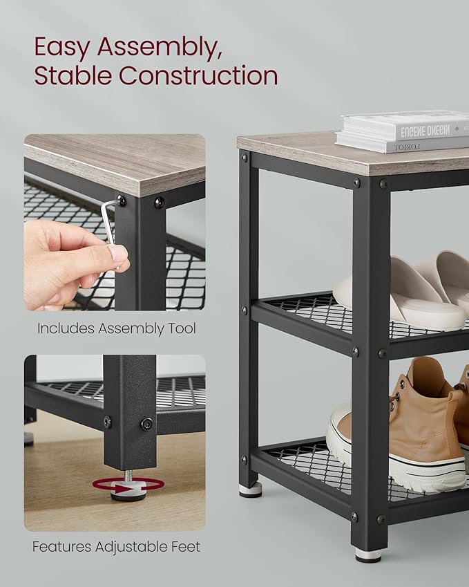 VASAGLE 3-Tier Shoe Rack, Shelf Storage Bench with Metal Mesh Shelves and Seat, Free Standing Shoe Organizer for Entryway, 11.8 x 39.4 x 17.7 Inches, Greige and Black ULBS078K01