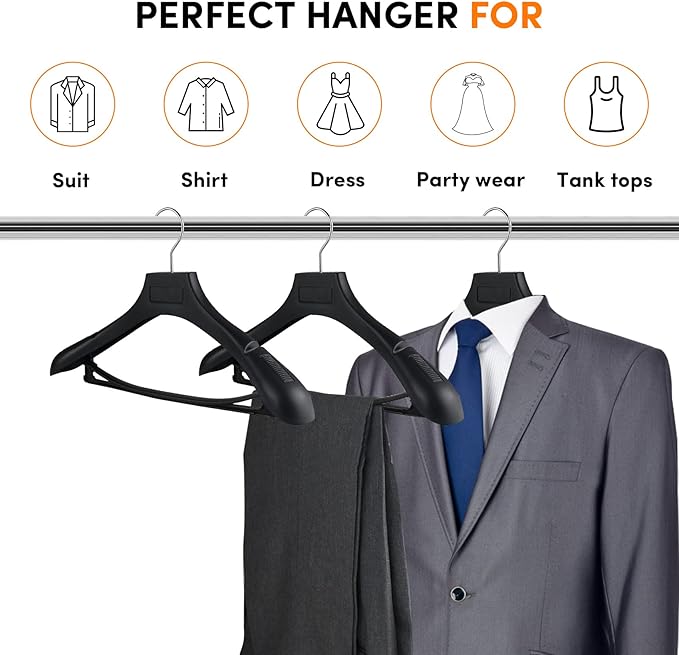 DEDU Suit Hangers for Men 100 Pack, Black Coat Hangers Extra Wide Non Slip Width 17.7", Thick Plastic with Pants Bar & Metal Hook
