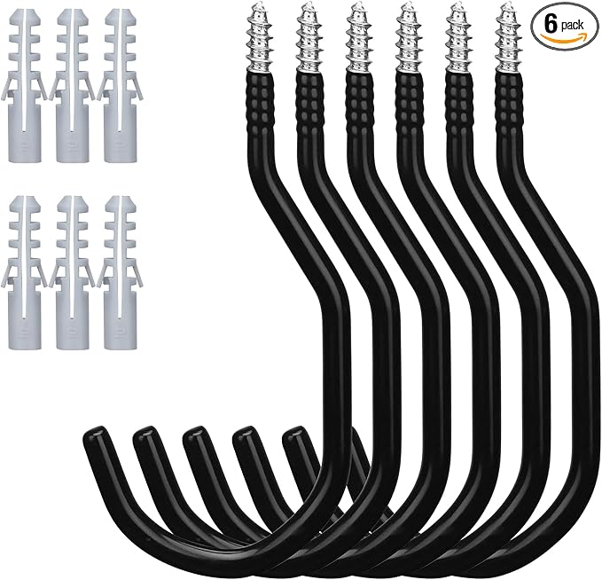 HORUSDY 6-Pack Heavy Duty Garage Storage Hooks, 6" Utility Wall Hooks for Tools, Ladders, Bikes, Hoses & Cords – Steel Garage Organizer Hooks for Wall Mount Storage Systems