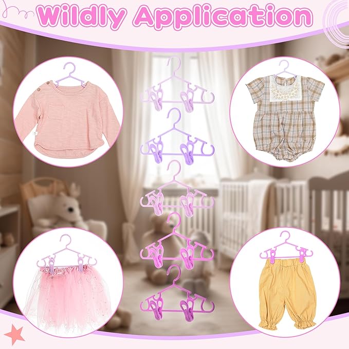 Hsei 5/10/40 Pack Baby Hangers with 10/20/80 Clips, Plastic Kids Pants Hangers for Nursery Closet Top and Bottom Clothes Hanger Set for Newborn Infant Toddler(30 Packs Total,Pink Series,10.6 Inch)