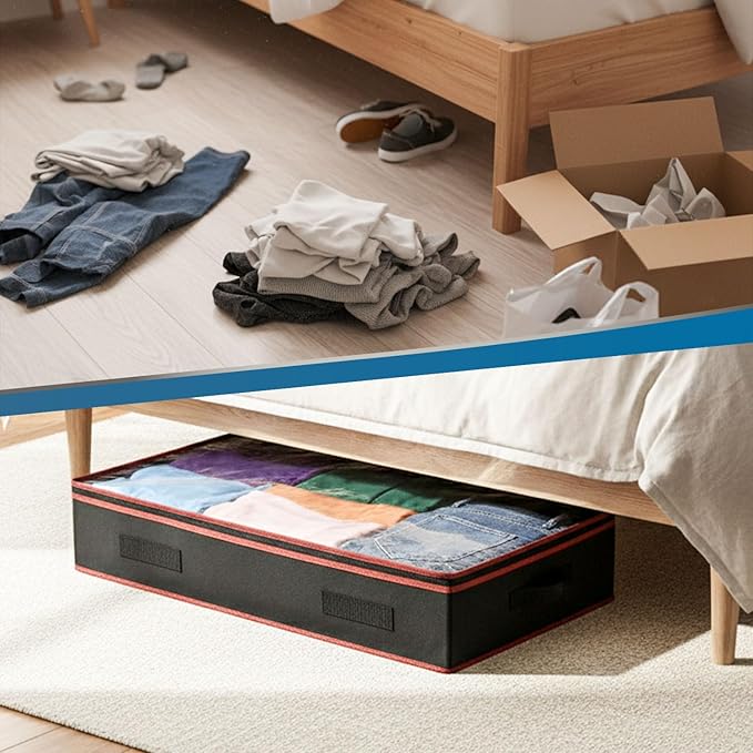 6 Inches Under Bed Storage Containers with Clear Lids | Pack of 8 Underbed Shoe Storage Foldable Clothes Organizer Bins for Blankets, Pillows, Sturdy Handles, Dustproof, & Seasonal Items