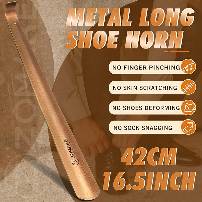 ZOMAKE Shoe Horn Long Handle for Seniors Men Women,16.5" Metal Long Shoehorn for Boots Shoe Spoon Helper