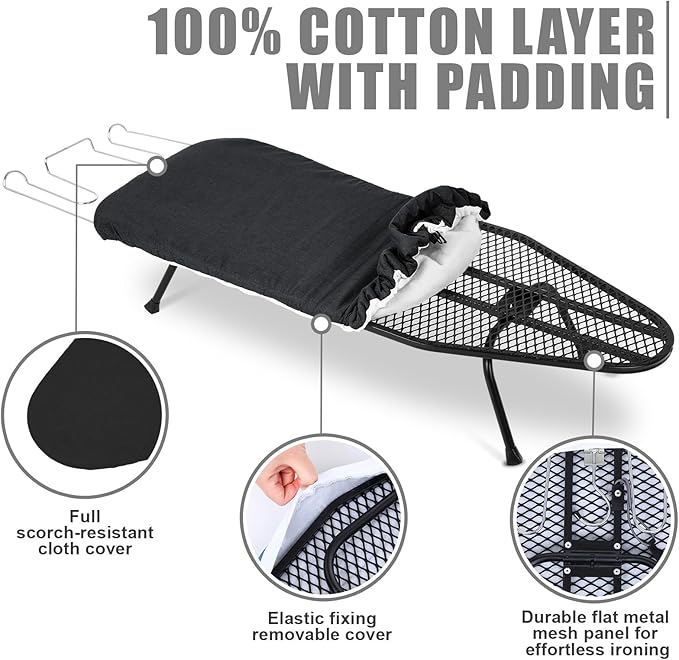 Tioncy Metal Foldable Tabletop Ironing Board with Iron Rest, Metal Portable Ironing Board Small with Heat Resistant Cotton Cover and Mini Non Slip Feet for Home Laundry Rooms Dorms Travel(Black)