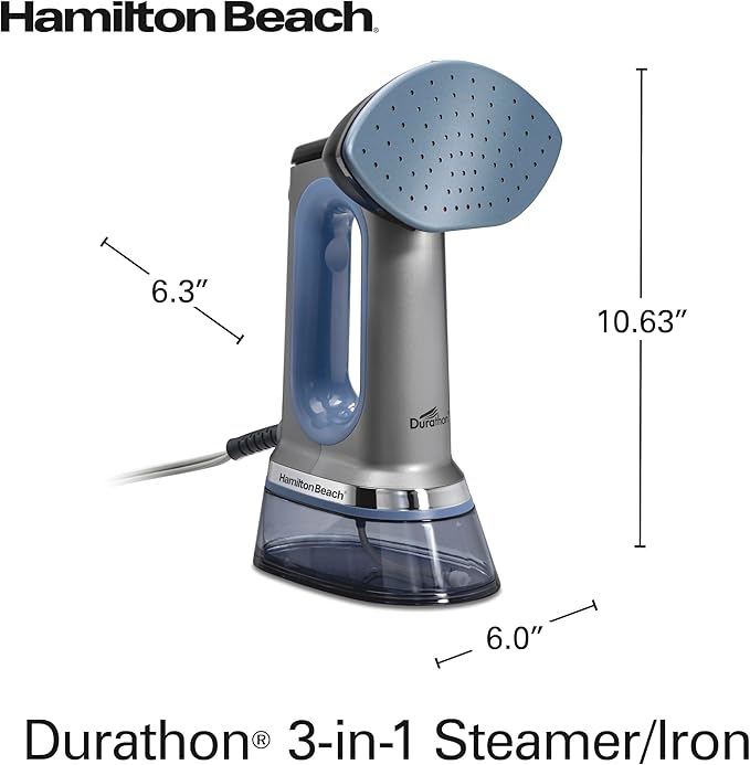 Hamilton Beach Durathon 3-in-1 Handheld Garment Steamer for Clothes & Steam Iron, 45 Second Heat-Up with 1700 Watts, 300ml Removable Water Tank, 27 Minutes of Steam, Auto Shutoff, Gray & Blue (11559)