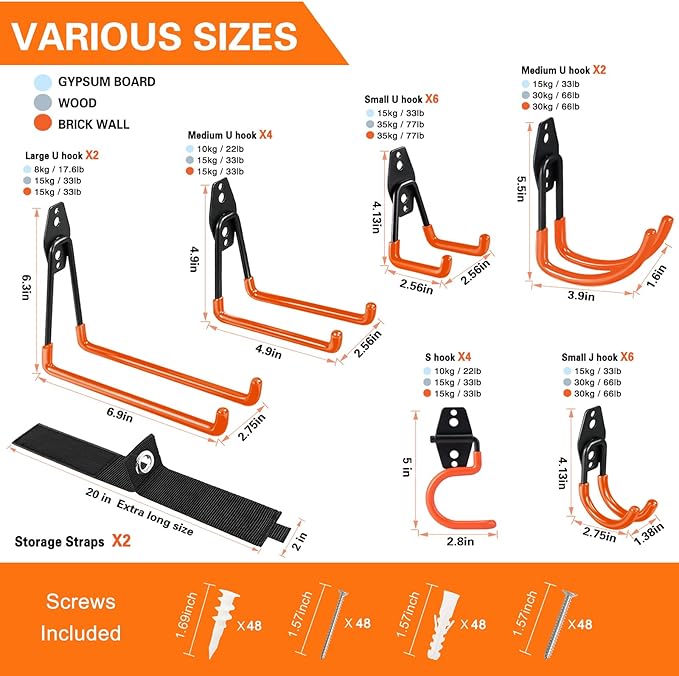26 Pack Garage Hooks Heavy Duty Utility Steel with Anti-Slip Coating Wall Mount Storage Organizer for Hanging Power and Garden Tools, Ladders, Hose, Bikes, Ropes, Bulk Items, and More