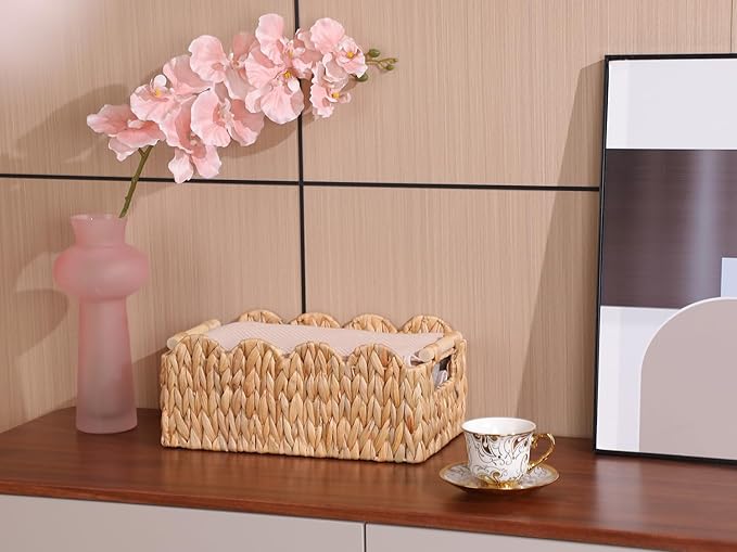 Scalloped Edge Wicker Basket,Hand-Woven Rattan Baskets with Wooden Handles,Natural Water Hyacinth Basket for Laundry,Shelves,Rectangular Set of 2