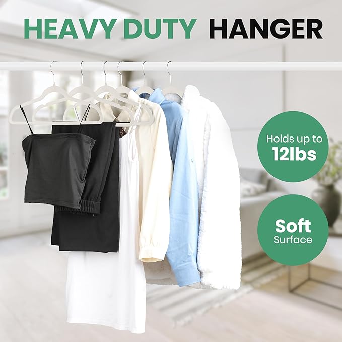 InfiniPower 70 Pack Velvet Hangers, Heavy Duty Clothes Hangers for Coat, Pants & Dress, Non-Slip Hanger Set with Shoulder Notches, 360° Swivel Hook, Space Saving Felt Hangers, White
