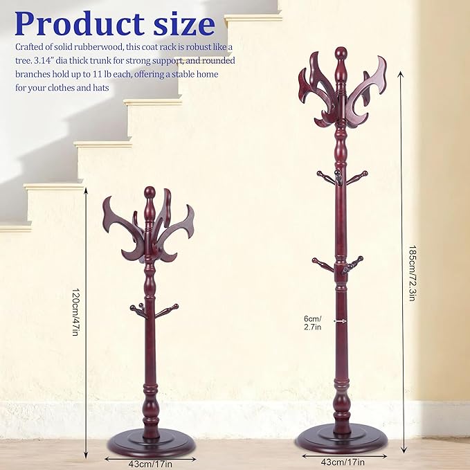 73" Wooden Freestanding Coat Rack，Easy to Adjust, Easy to Assemble for Children, Youth,Coat Rack Stand With Adults，18 Hooks and Round Solid Wood Base for Entrance Hallway Office Living Room (fishtail)