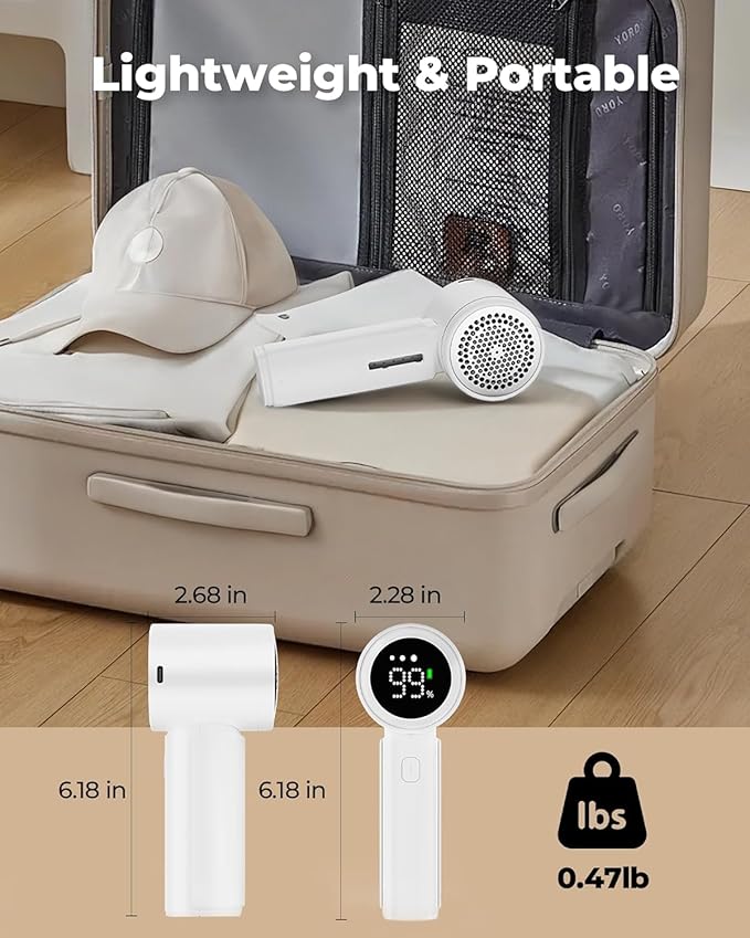 Fabric Shaver, Electric Lint Remover, Sweater Shavers to Remove Pilling with 3 Speeds, 6 Leaf Blade, LED Display & Type-C Rechargeable, Removes Fuzz, Pills for Clothes, Couch, Furniture
