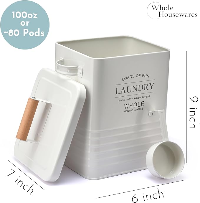 Whole Housewares Laundry Detergent Container - Tin Farmhouse Metal Laundry Powder Soap Dispenser With Scooper, Airtight Lid And Handles - Vintage Soap Pod Holder Storage Bin With Lid And Scent Holders